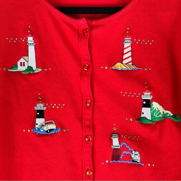 LasOLas Red Buttoned Combed Cotton Lighthouse Cardigan Sweater Size 1X Coastal - Picture 5 of 7